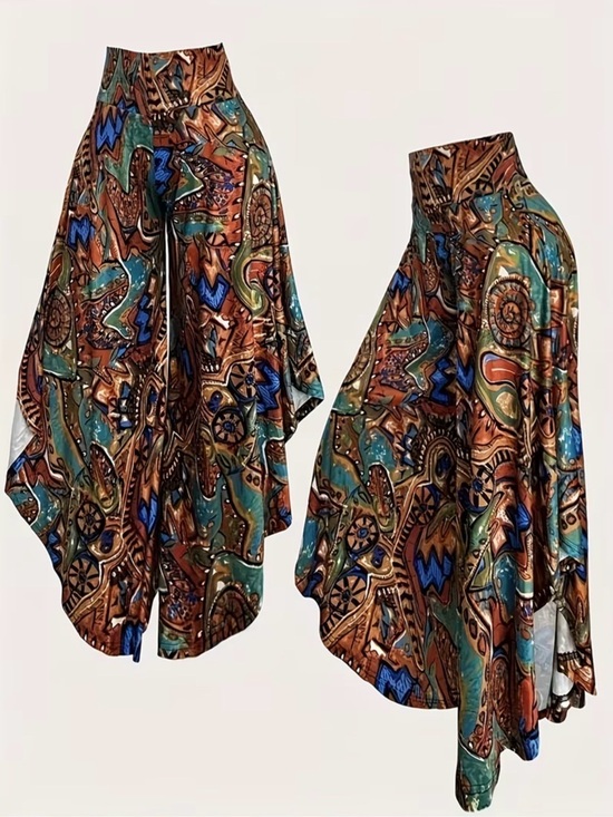 The Real Clean Company Pants - Boho Printed Wide-Leg Palazzo Summer Pants in Teal & Brown New Boutique